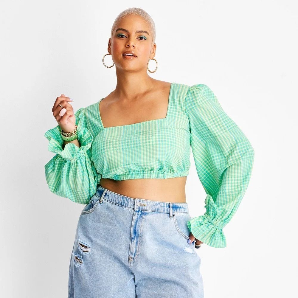 ✨7 for $15✨ Future Collective Green Gingham Square Neck Women's Top